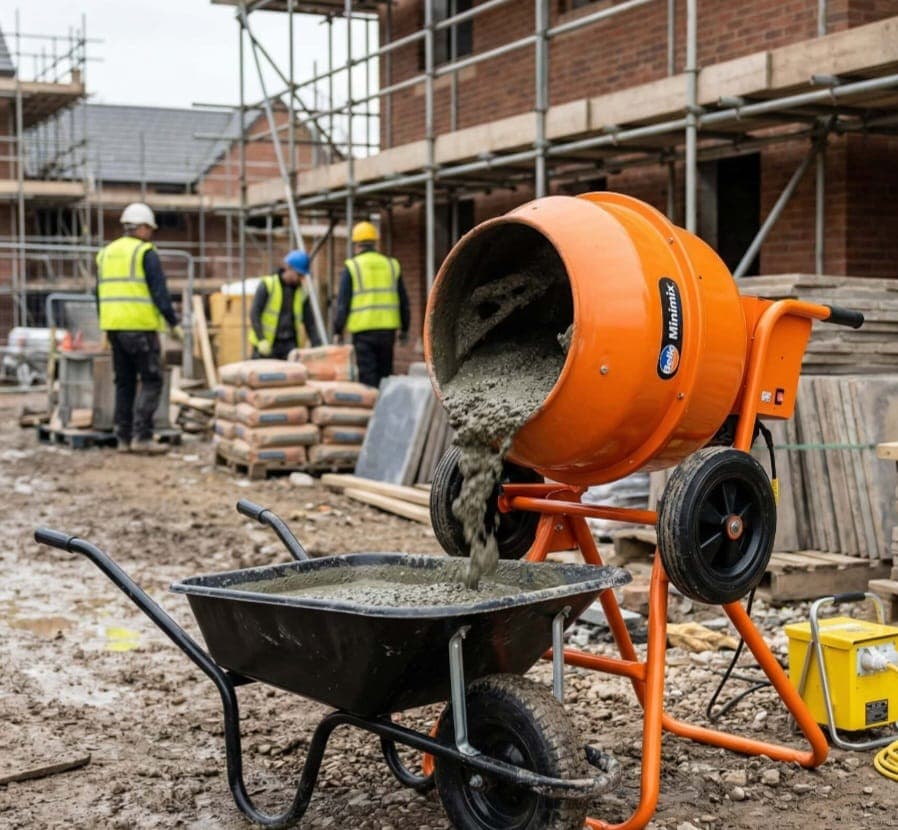 Building site with a concrete mixer and construction equipment